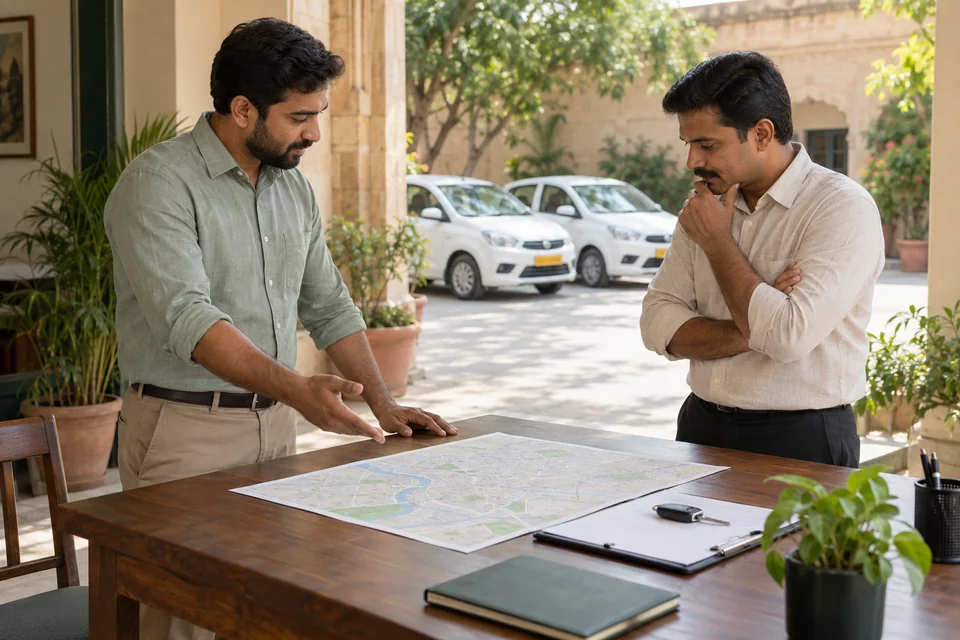 Two fleet partners considering a city map across a planning table, with cabs behind them.